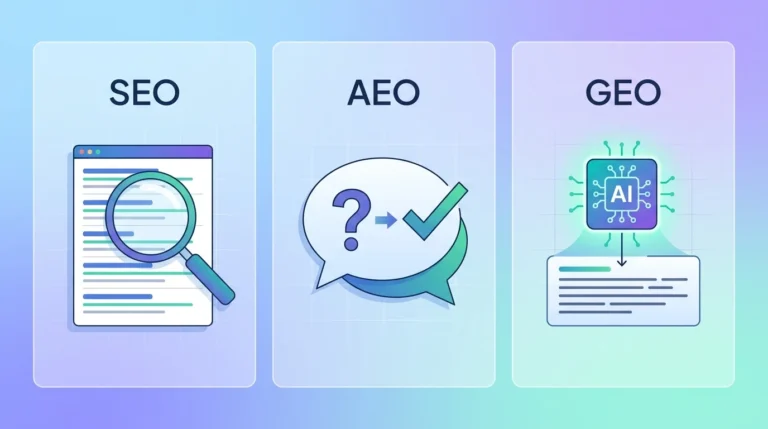 Comparison infographic of SEO vs AEO vs GEO and AI Overviews showing traditional search, direct answers, and AI-generated summaries.